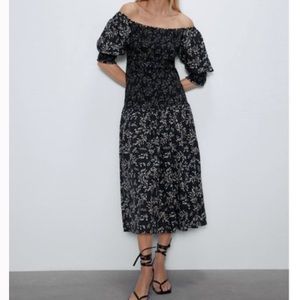 ZARA Women's Black 'The Penny Dress" Printed Smocked Off the Shoulder Midi Dress